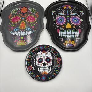 Melamine Set of Day of the Dead Muertos 1 Plate & 2 Platters Skull